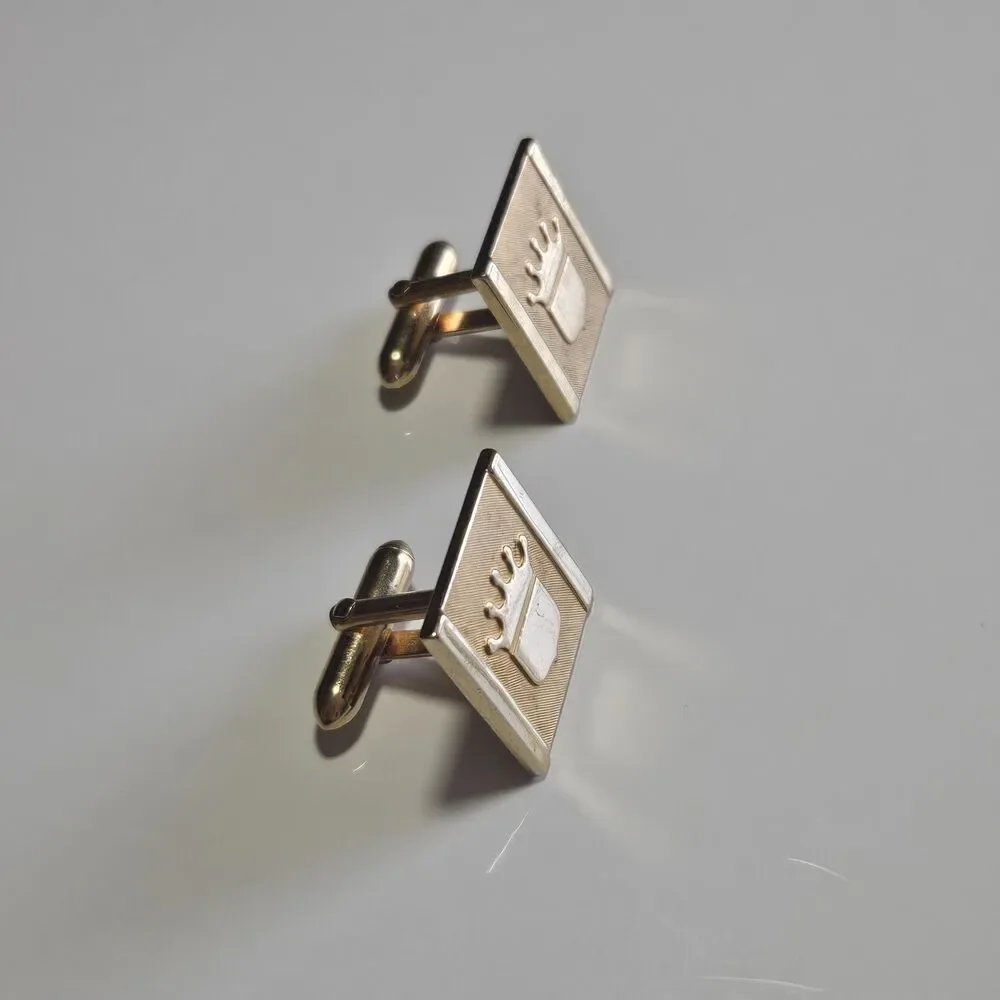 Vintage Cuff Link Pair Gold Tone Metal King Crown Center Mens cufflinks